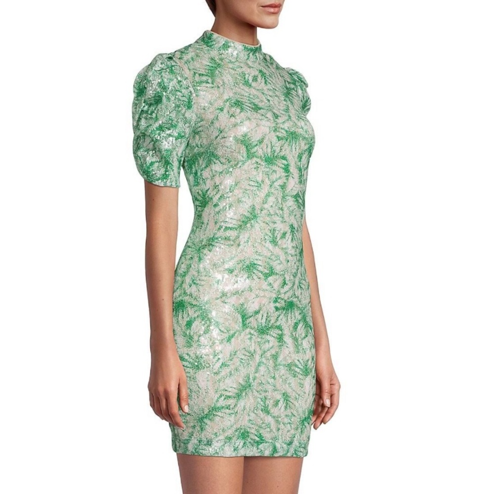 cocktail dress size 12 Badgley Mischka white green Sequin Palm Puff Sleeve - Picture 7 of 13
